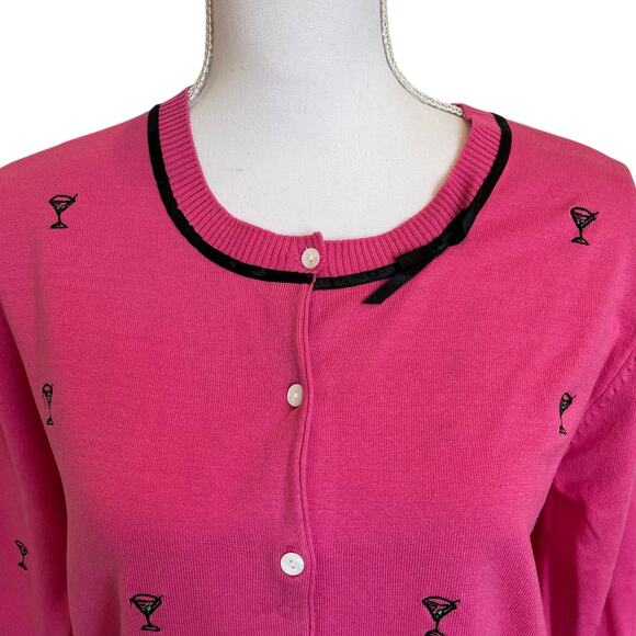 SML Design Cardigan Size Large Pink Martini Emblem Silk Blend Crop Black Ribbon - Picture 2 of 9